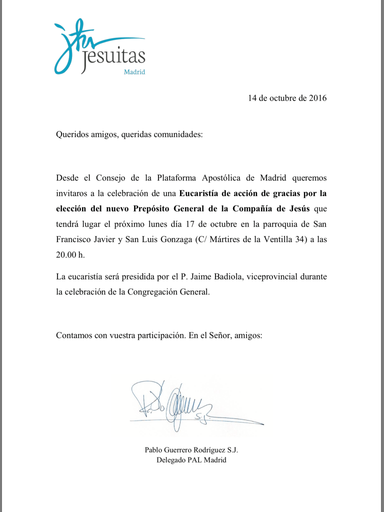 Carta Invitacion a Eucaristia PAL Madrid